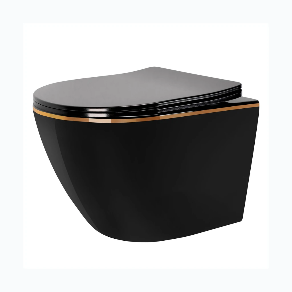 Rippklosetikauss Rea CARLO Mini Rimless Duroplast Flat Black Gold Edge Rea CARLO Mini Rimless Duroplast Flat Black Gold Edge (REA-C8800)