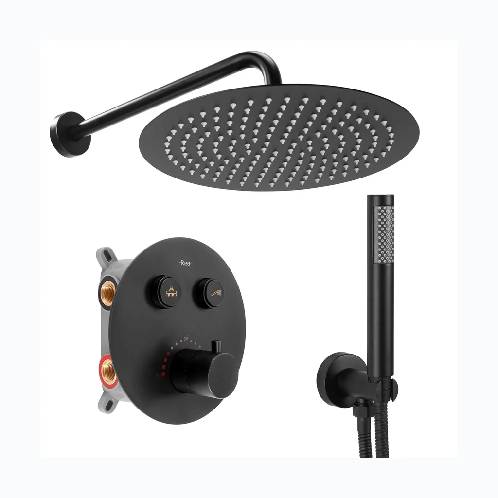 Varjatud dušikomplekt LUNGO Black Matt koos termostaadiga + BOX (REA-P8549)